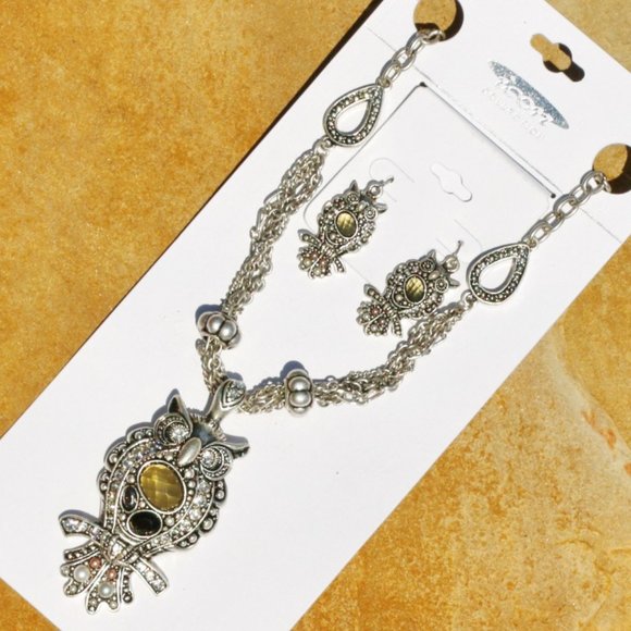 Boho Statement Necklace Owl Rhinestone Set NWT - Picture 4 of 4
